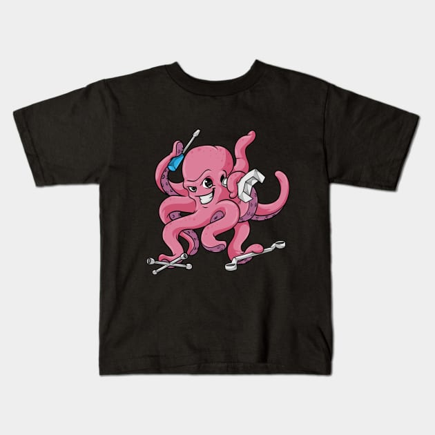 Funny mechanic octopus with tool Kids T-Shirt by Markus Schnabel